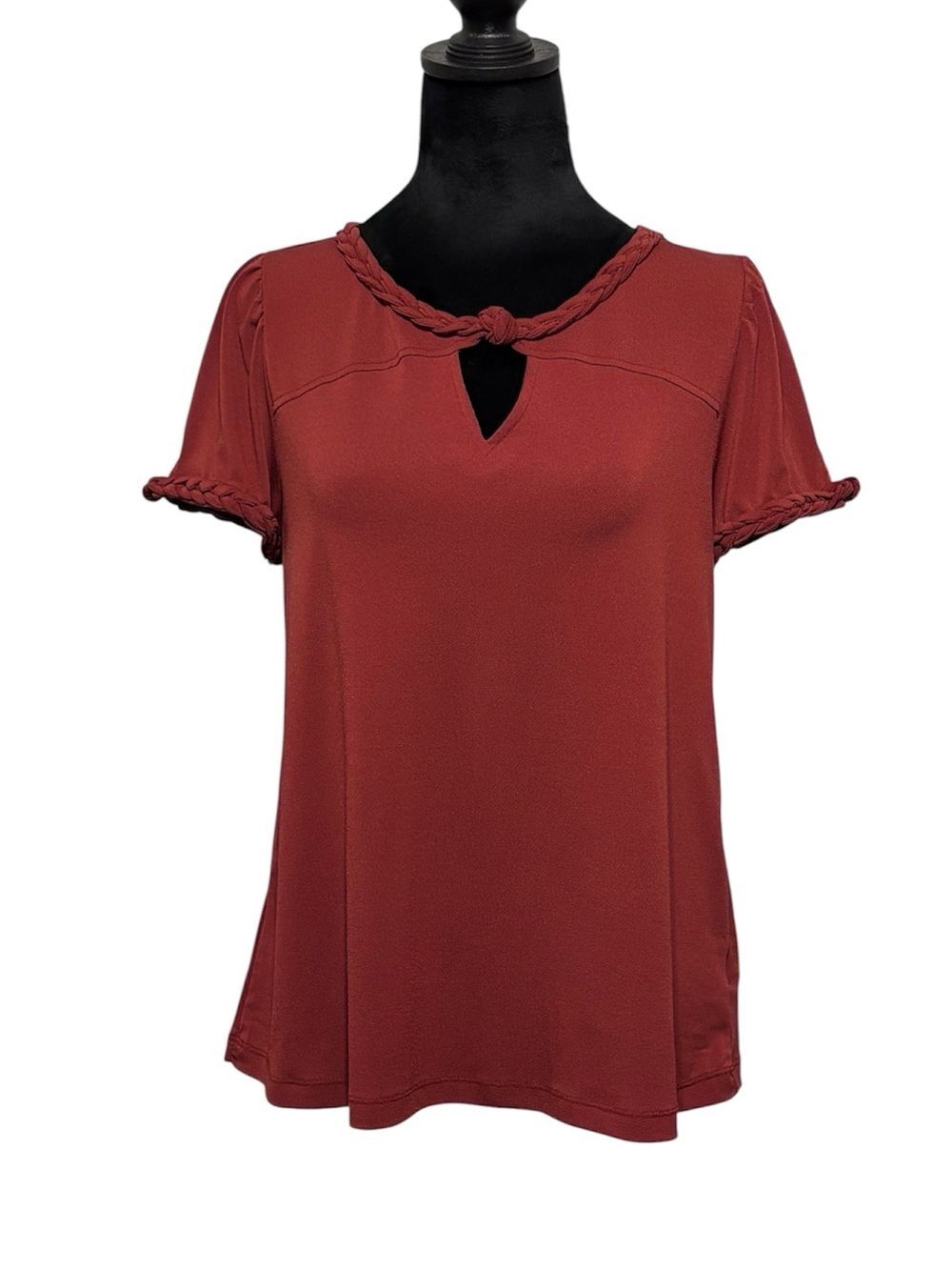 Cable & Gauge Braided Trim Keyhole Top Rust Red Blouse Women’s Petite M